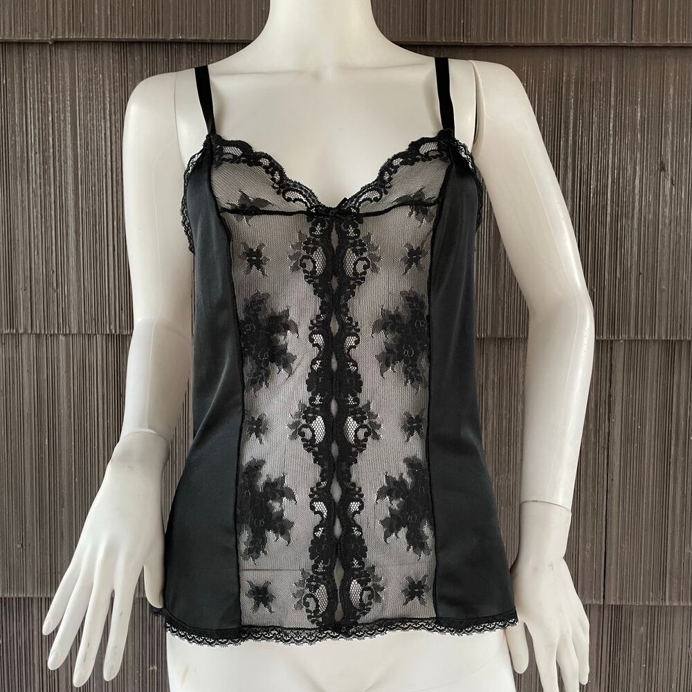 🔥Vintage Olga Black Silky Nylon Camisole Floral Sheer Lace Slip Top S Coquette